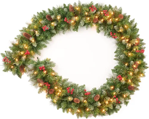 Vista 8 de Guirnalda de Navidad Preiluminada de 9 Pies con 70 Luces LED, Funciona con Baterías, Decoración Navideña para Repisa/Escalera/Interior/Exterior Verde