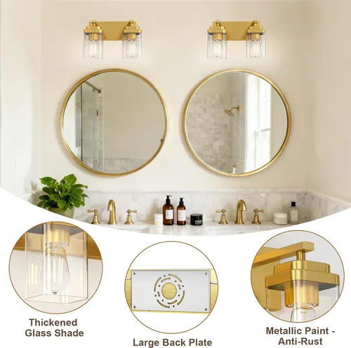 Vista 3 de Lámparas de baño de oro cepillado, 6 luces de baño sobre el espejo, diseño cuadrado y placa trasera grande rectangular, accesorios de iluminación