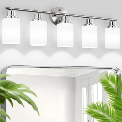Vista 34 de Paquete de 2 luces de tocador de 1 luz, lámpara de baño de níquel cepillado con pantalla de vidrio blanco lechoso texturizado, accesorio