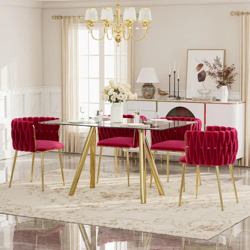Vista 17 de Glam Style - Juego de mesa de comedor de 5 piezas para 4, mesa de comedor rectangular de vidrio templado de 51 pulgadas con base de metal dorado