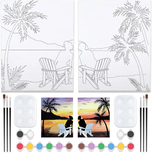 Vista 9 de Nuberlic Paquete de 2 Lienzos Predibujados de 8x10 pulgadas para Pintar para Adultos Kit de Pintar y Beber para Noche de Cita de Parejas Adultas