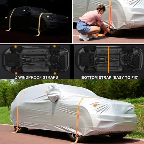 Vista 5 de Funda para automóvil compatible con Nissan March, cubierta completa para automóvil, transpirable y a prueba de polvo, resistente al viento, forro