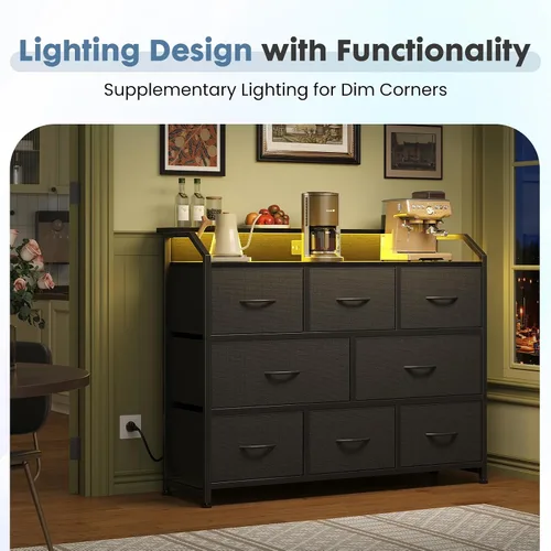 Vista 4 de DUMOS - Cómoda para TV con 8 cajones de tela, cómoda, color negro APP Control LED Lights and Type-C Charging Station, Fabric Storage Tower TV