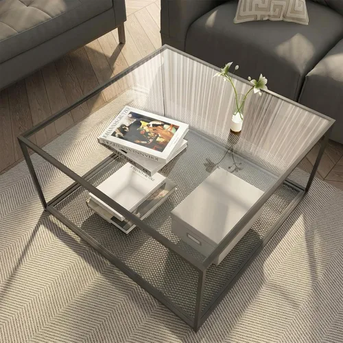 Vista 8 de Mesa de Café de Vidrio Negro para Sala de Estar, Mesas de Café Cuadradas para Espacios Pequeños, Mesas Centro Modernas de Té y Cóctel Simples, Mesas