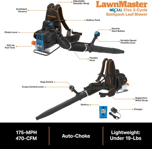 Vista 6 de LawnMaster Mochila sin tirones soplador de hojas de 31cc motor de 2 ciclos