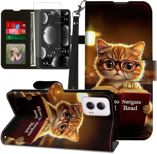 Vista 434 de Funda para Motorola Edge 2022 con protector de pantalla, soporte y tarjetero y correa para la muñeca, funda magnética para Moto Edge 2022 5G UW Lobo