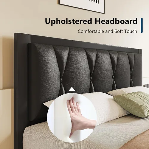 Vista 3 de GalnFu Base de cama de tamaño matrimonial con cabecera capitoné con botones, plataforma tapizada de piel sintética, marco de cama de metal