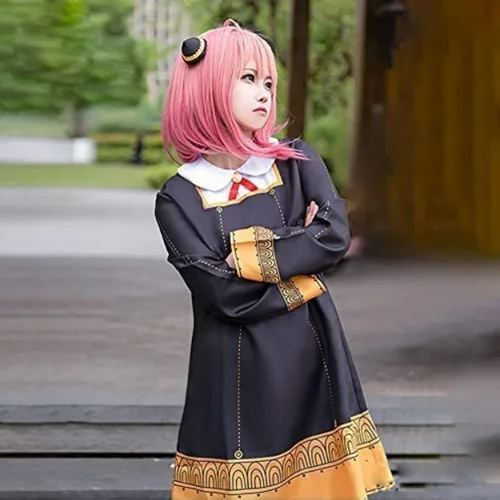 Vista 2 de Disfraz de Anya Forger de Spy Family Cosplay con clips para el pelo, calcetines y peluca para fiesta de Halloween para niñas de 3 a 12 años