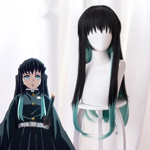 Vista 2 de iirukaa Tokitou Muichirou - Peluca de cosplay larga y recta para Demon Slaye Anime Kimetsu no Yaiba, personajes de Halloween, pelucas de cosplay