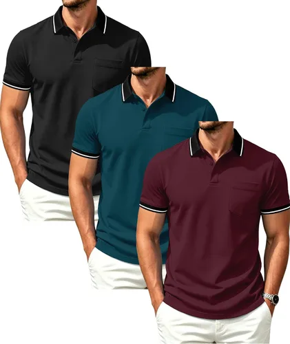 Vista 11 de GEEK LIGHTING Paquete de 3 camisas polo de manga corta con bolsillo para Negro Gris Armygreen