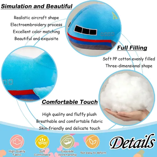 Vista 5 de zhidiloveyou Almohada de peluche azul de avión de 15.7 pulgadas, regalo para niños