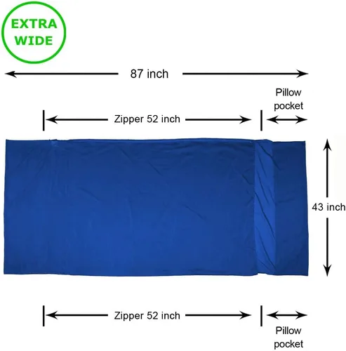 Vista 3 de Browint Sábana de viaje de seda/algodón con cremalleras dobles, saco de dormir extra ancho de 87 x 43 pulgadas para hoteles, forro de saco de dormir