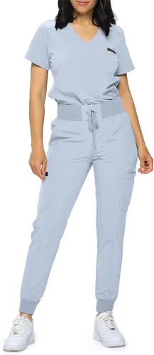 Vista 24 de Monarch Uniforms Slim Fit Stretchy Scrubs Women's Jogger Scrub Set Slim Jogger Scrubs with Tuck-In Top for Women Negro