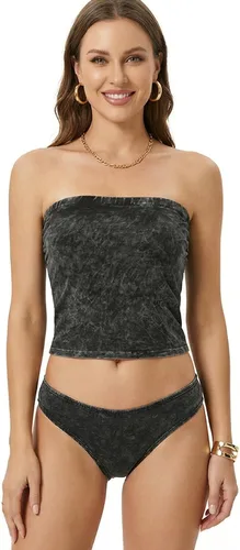 Vista 2 de MixMatchy Top de tubo para mujer con brasier integrado, top bandeau sin tirantes de doble capa, parte superior casual con fruncido lateral Y2K Negro