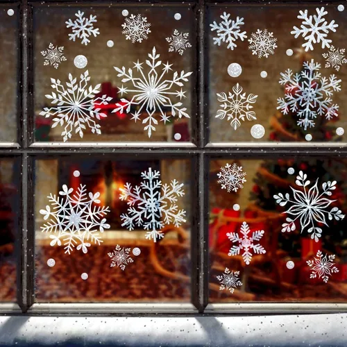 Vista 5 de DC-BEAUTIFUL Juego de 318 calcomanías de Navidad con temática de copos de nieve, calcomanías blancas para ventana, calcomanías de fiesta de copos