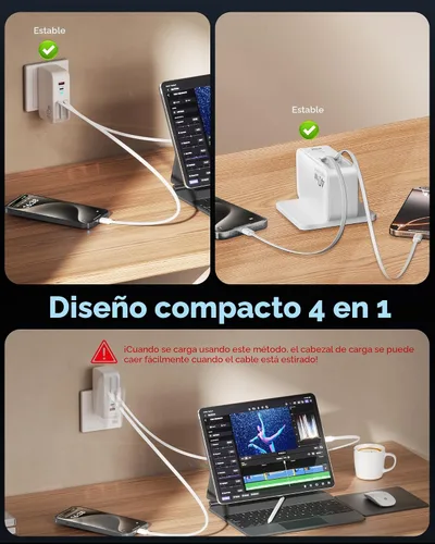 Vista 7 de Cargador de pared retráctil USB C 4 en 1, carga rápida de 40 W para Blanco