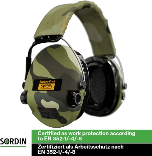 Vista 6 de Sordin Pro-X LED orejeras - 75302-X-08-S - Protectores auditivos activos y electrónicos con diadema camuflada - Almohadillas de gel - Camuflaje