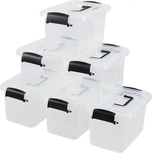 Vista 4 de Paquete de 6 contenedores de almacenamiento para el hogar, contenedor de plástico, caja de cierre con asa (mango negro)