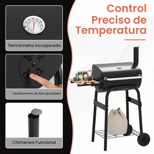 Vista 5 de Happygrill Barrel Charcoal Grill con mesa auxiliar plegable y 2 ruedas