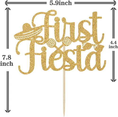 Vista 6 de Decoración para tartas de primera fiesta con purpurina dorada, Uno/Taco Bout One, temática mexicana para el primer cumpleaños del bebé, suministros