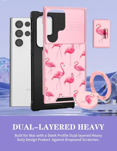 Vista 5 de Funda 2 en 1 para Samsung Galaxy S23 Ultra Flamingo para mujeres y niñas, diseño femenino de flamencos con cubierta deslizante para cámara y soporte