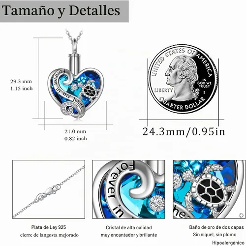 Vista 6 de WINNICACA 925 Sterling Silver Urn Necklaces for Ashes of Loved Ones A01-Tortuga marina-Oro blanco