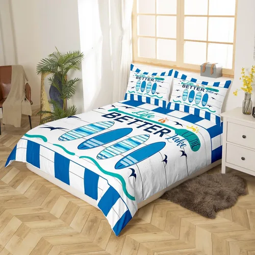 Vista 2 de Erosebridal Funda de edredón náutica para niños y niñas, juego de ropa de cama azul y blanco oceánico, funda de edredón de tabla de surf Hawaii