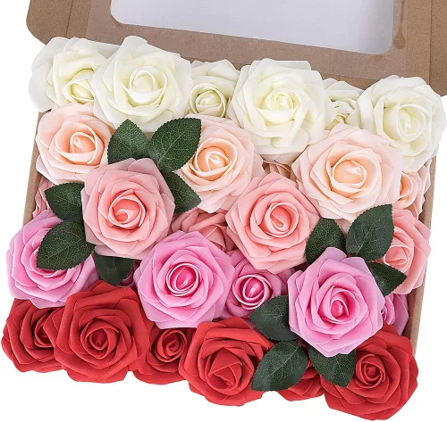 Vista 26 de MACTING 30 PCS Flores Artificiales Rosas Negras y Blancas Flores Falsas con Tallo Rosas de Espuma de Tacto Real para Boda Bola de Besos Ramillete