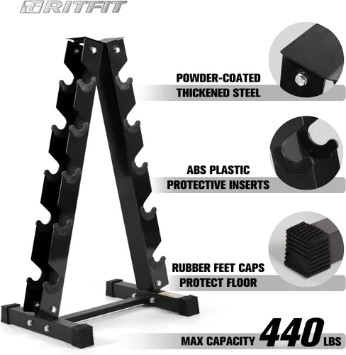Vista 5 de RITFIT Juego de mancuernas hexagonales de goma con estante, núcleo de hierro fundido resistente de 180 a 780 libras, mango cromado moleteado
