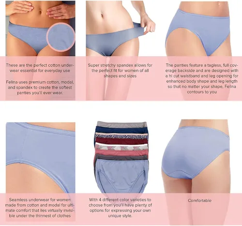 Vista 3 de Felina Cotton Modal Hi Cut Panties - Sexy Lingerie Panties for Women - Underwear for Women 8-Pack