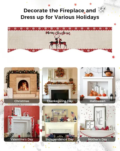 Vista 6 de Bufanda de manto de 60 x 17 pulgadas, diseño de cuadros rojos de búfalo a cuadros, alce de Navidad, chimenea, cubierta de mantel para Navidad