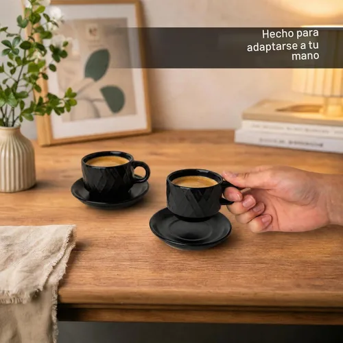 Vista 7 de MIAMIO - 6 tazas de café expreso de gres de 2.5 onzas, juego moderno de tazas con soporte y platillos - Colección Palmanova (negro) Ceramic