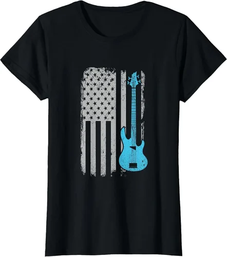 Vista 79 de Electric Bass Guitar Player American Flag Musician T-Shirt Asphalt Grey