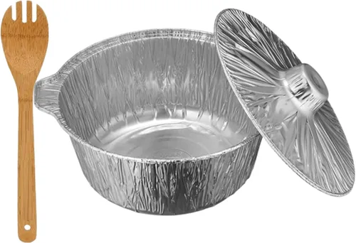 Vista 5 de Olla redonda de aluminio con tapa, perfecta para Acción de Gracias, campamento y hornear con tenedor de bambú gratis para una preparación fácil