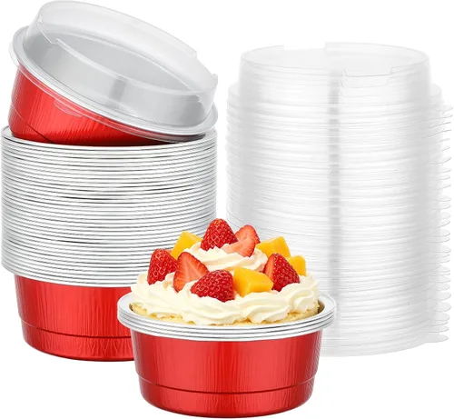 Vista 10 de Beasea - Juego de 50 ramekins de aluminio con tapas, 260 ml, 8.8 oz, 4 pulgadas, ramekins desechables de papel de aluminio para hornear, redondos