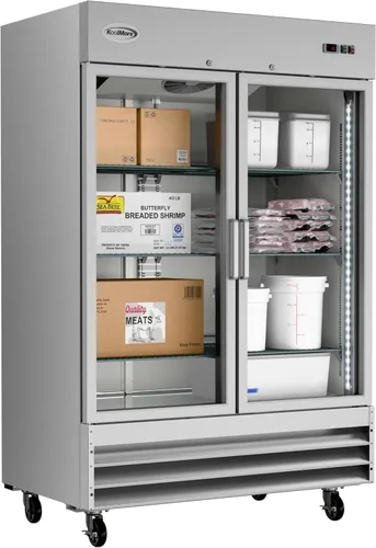 Vista 2 de KoolMore Congelador vertical comercial de acero inoxidable con puertas de vidrio de cierre automático, 6 estantes de almacenamiento, ruedas