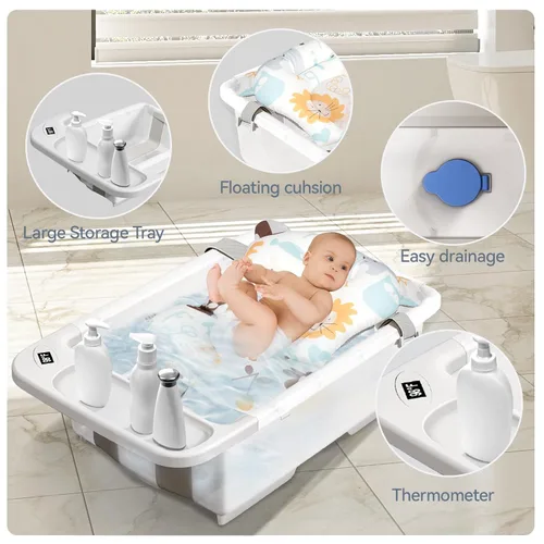 Vista 4 de Bañera de bebé plegable - Tina de baño de gran capacidad con termómetro y almohadilla suave Bañera portátil de viaje para recién nacidos e