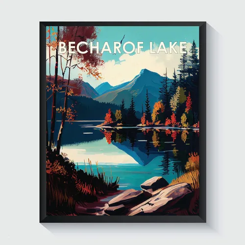 Vista 26 de Yellowstone Lake - Póster impreso artístico, ilustración, arte de pared, decoración de paisaje retro, paisaje, obra de arte para decoración de Lago