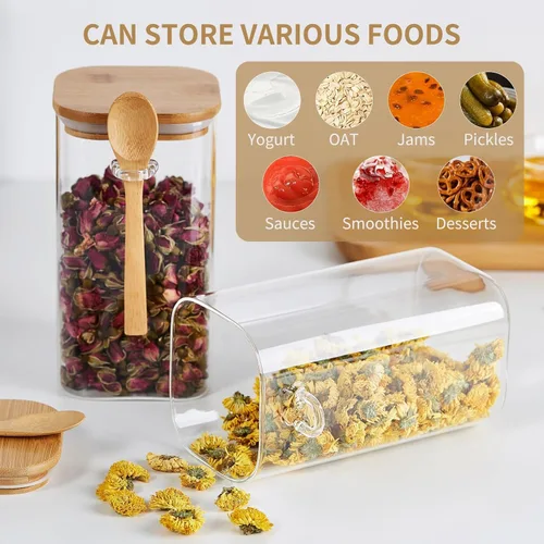 Vista 5 de Unbreakable - Frascos de vidrio con tapa hermética de bambú y cuchara, 4 piezas de 39 oz, recipientes para avena nocturna, botes de cocina