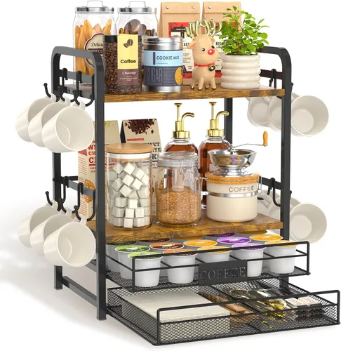 Vista 12 de EsLuker.ly Soporte para tazas de café, organizador de estación de barra de árbol, soporte para tazas de 2 niveles para encimera de cocina, estante