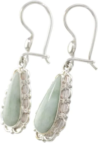 Vista 2 de NOVICA Aretes colgantes de jade verde floral hechos a mano, piedra natural, aretes colgantes de flores, 1.6 pulgadas de largo x 0.5 pulgadas