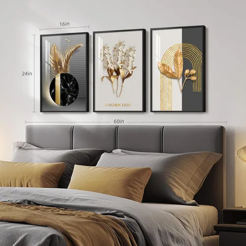 Vista 2 de Arte de pared moderno enmarcado en blanco y negro, 3 piezas de impresiones contemporáneas grandes para paredes, juego de 3 imágenes de hojas doradas