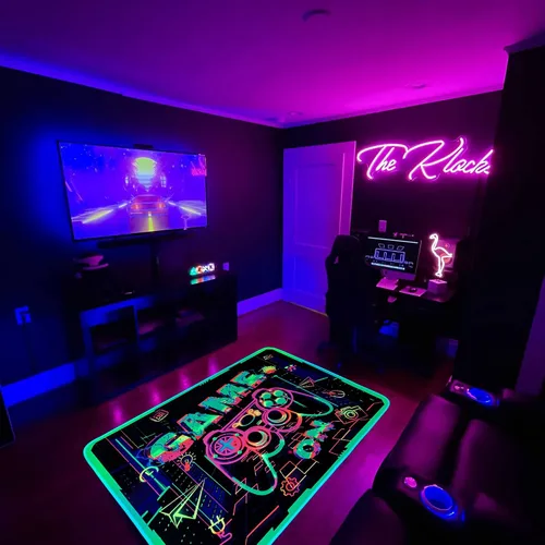 Vista 5 de Alfombra de área de juegos con luz negra para decoración de dormitorio, alfombra estampada de juegos, alfombra gamer que brilla en la luz negra