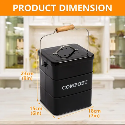 Vista 3 de Cubo de compostaje para encimera de cocina, cubo de compostaje para interiores, ideal para restos de comida, acero al carbono, asas, negro, 1 galón