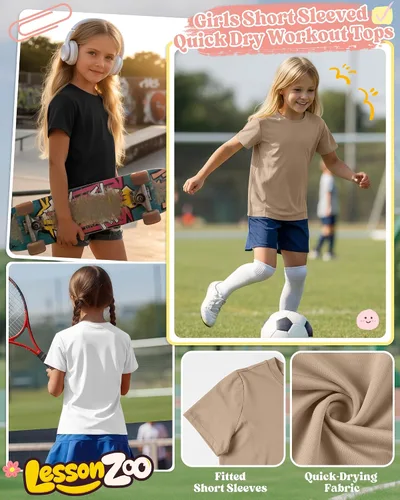 Vista 4 de Paquete de 4 camisetas atléticas de manga corta para niñas, de secado rápido, camisetas activas de verano con cuello redondo y ropa deportiva