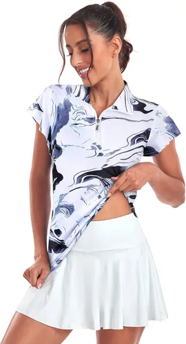 Vista 2 de Tanst Sky Polo de golf para mujer, con cremallera de 14, volantes, manga corta, secado rápido, para entrenamiento
