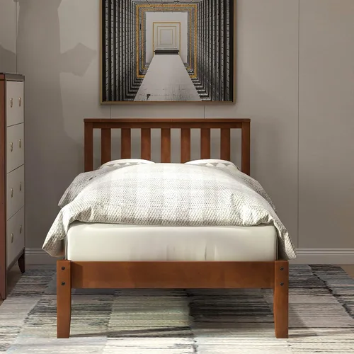 Vista 7 de Base de cama individual de madera maciza, plataforma de cama resistente de 330 libras con cabecero de listones de madera, no necesita somier