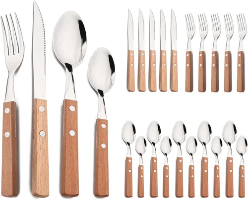 Vista 9 de Juego de cubiertos de madera de acero inoxidable 304 con mango ancho, juego de cubiertos de madera duradera, utensilios reutilizables, espejo