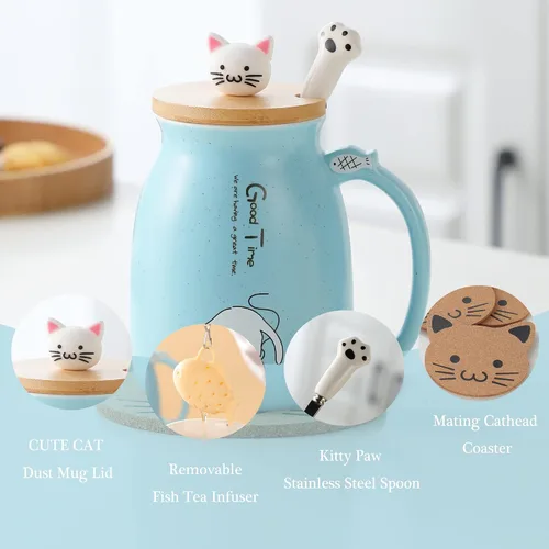 Vista 2 de BigNoseDeer Lindas tazas Kawaii de gato, taza de café de cerámica con infusor y tapa, cuchara, taza de té, regalos lindos y geniales para mujeres