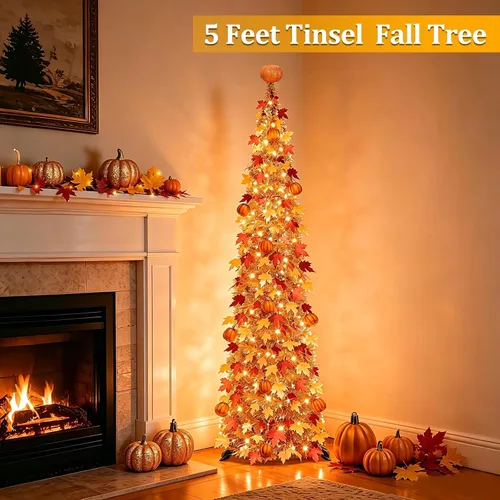 Vista 2 de Árbol de otoño de 5 pies, árbol de arces de oropel con 50 luces blancas